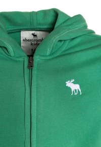 Grøn lynlås hættetrøje lavet af blød bomuld med en kængurulomme og hvidt elge logo på venstre bryst. Glat tekstur, justerbar hætte.