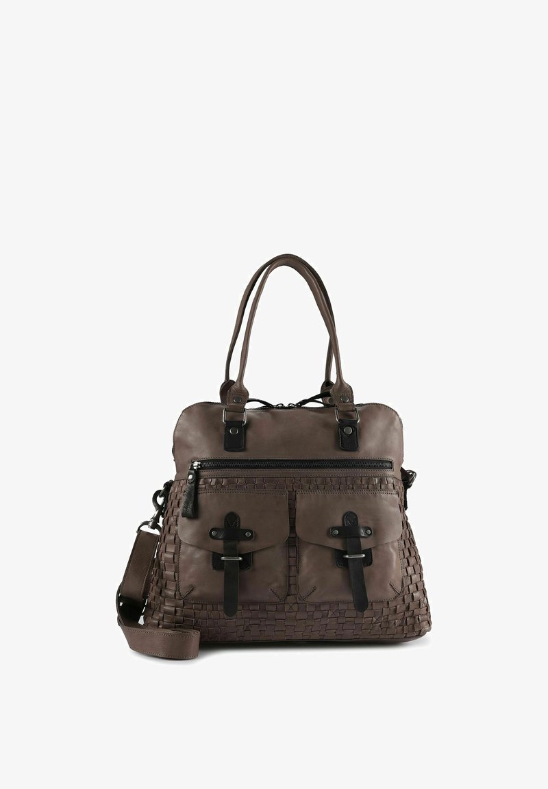 Braune Ledertasche mit gewebter Textur, zwei Schulterriemen, Hauptfach mit Reißverschluss und zwei Fronttaschen mit schwarzen Akzenten.