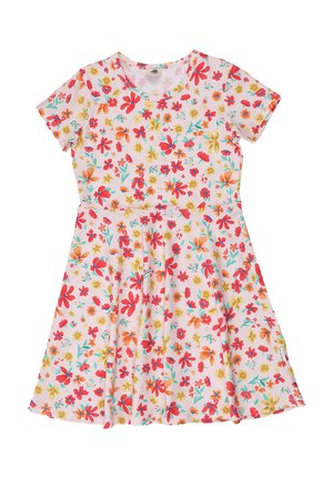 Kurzärmeliges Kinderkleid mit pinkfarbenem Hintergrund und buntem Muster aus roten, orangefarbenen, gelben und blaugrünen Blumen, rundem Ausschnitt und ausgestelltem Rock.