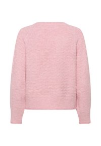 Miękki różowy sweter z dzianiny z długimi rękawami i prążkowanymi mankietami, pokazany od tyłu na białym tle.