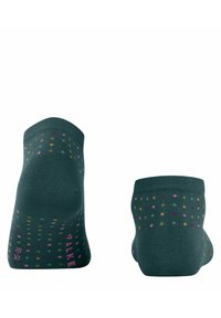 Chaussettes de cheville vertes avec une finition texturée et des pois multicolores en rose, jaune et violet. Tissu doux et extensible avec un bord côtelé.