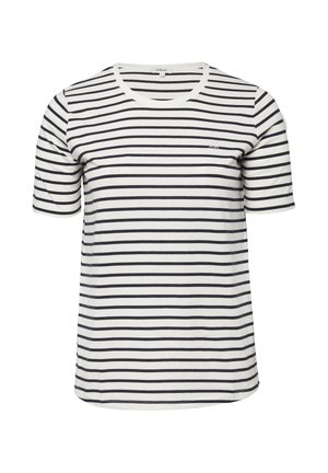 Weißes T-Shirt mit kurzen Ärmeln, schwarzen horizontalen Streifen und kleinem Logo auf der linken Brust, mit rundem Ausschnitt.