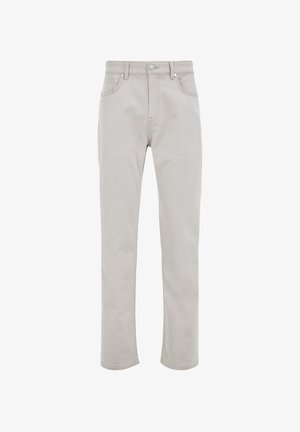 Helle graue Denim-Jeans mit geradem Bein, fünf Taschen, vorderem Knopfverschluss und sichtbaren Nähdetails. Glatte Stofftextur.