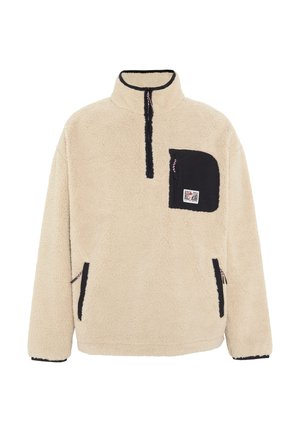 Light beige fleece pullover with a black pocket, half-zip front, and contrasting black accents on the cuffs and sides. Soft texture.