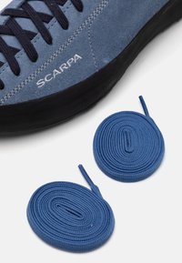 Scarpa da arrampicata blu in suede con suola in gomma nera e lacci blu navy, affianco a due lacci circolari blu, texture e arrotolati.