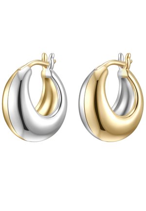 Gold and silver hoop earrings with a smooth, shiny surface, featuring a rounded shape and a hinge closure.