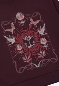 Bordeaux sweatshirt met een centrale afbeelding van ballonnen, vlinders en vogels, omringd door stralen, bloemaccenten en intrikate lijnen.