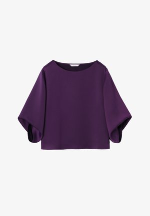 Purple blouse with wide, flared three-quarter sleeves and a round neckline, laid flat on a white background.