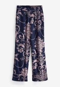 Jūros mėlynumo raštai kelnėse su šviesiai rožiniu gėlių raštu, turinčiomis elastinį liemenį ir platų kojų siluetą. Minkštas audinio tekstūra.