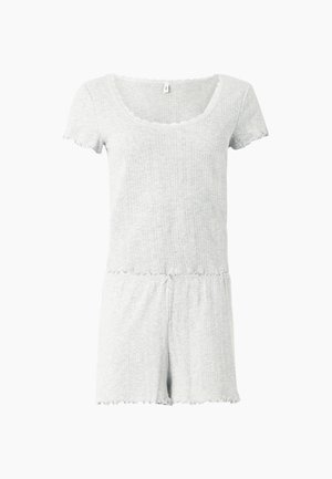 Combinaison courte en maille côtelée gris clair, manches courtes, encolure dégagée, taille élastique et bords festonnés aux manches, à l'encolure et à l'ourlet du short.