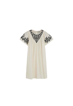 Vestido color crema hasta la rodilla con mangas cortas, que presenta bordados florales negros en el escote y las mangas, y un corsé fruncido.