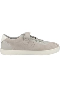 Sneaker in suede grigio chiaro con suola in gomma, dotate di una chiusura con cinturino e lacci, e piccole perforazioni sui lati per la ventilazione.