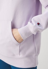 Felpa lavanda chiaro con tasca frontale, polsini a coste e patch con logo sulla manica. Tessuto morbido, design casual.