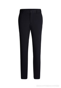 Pantaloni neri con design a gamba dritta, chiusura con un bottone in vita e una texture di tessuto liscia. Senza tasche visibili o motivi.