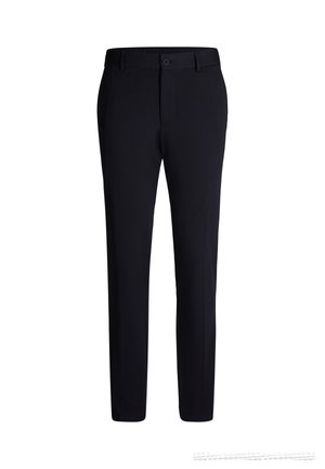 Zwarte broek met een rechte pijp, enkele knoopsluiting bij de taille en een gladde stoftextuur. Geen zichtbare zakken of patronen.