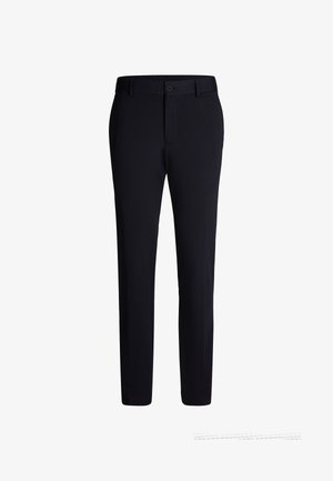 Black trousers featuring a straight-leg design, single button closure at the waist, and smooth fabric texture. No visible pockets or patterns.