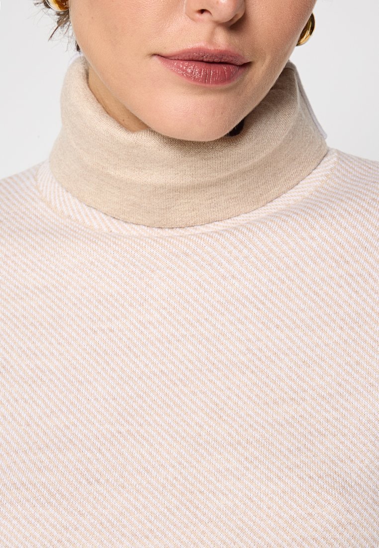 Beige Rollkragenpullover mit einem strukturierten, diagonalen Streifenmuster. Weicher, gestrickter Stoff, taillierter Kragen und dezente Nahtdetails.