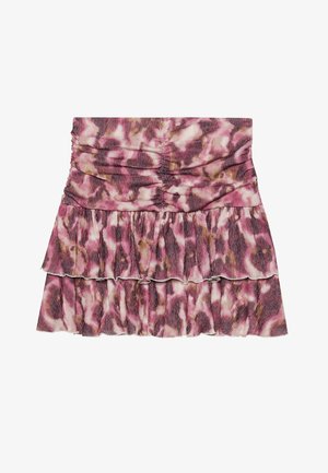 Jupe mini froncée en imprimé animal rose et beige, avec un ourlet volanté et une texture lisse. Fabriquée en tissu léger et fluide.