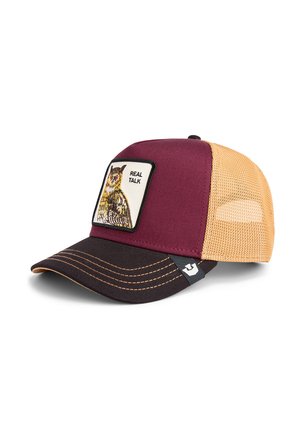 Maroon and black cap with a mesh tan back, featuring an embroidered owl patch labeled "REAL TALK." Curved brim and contrasting stitching details.