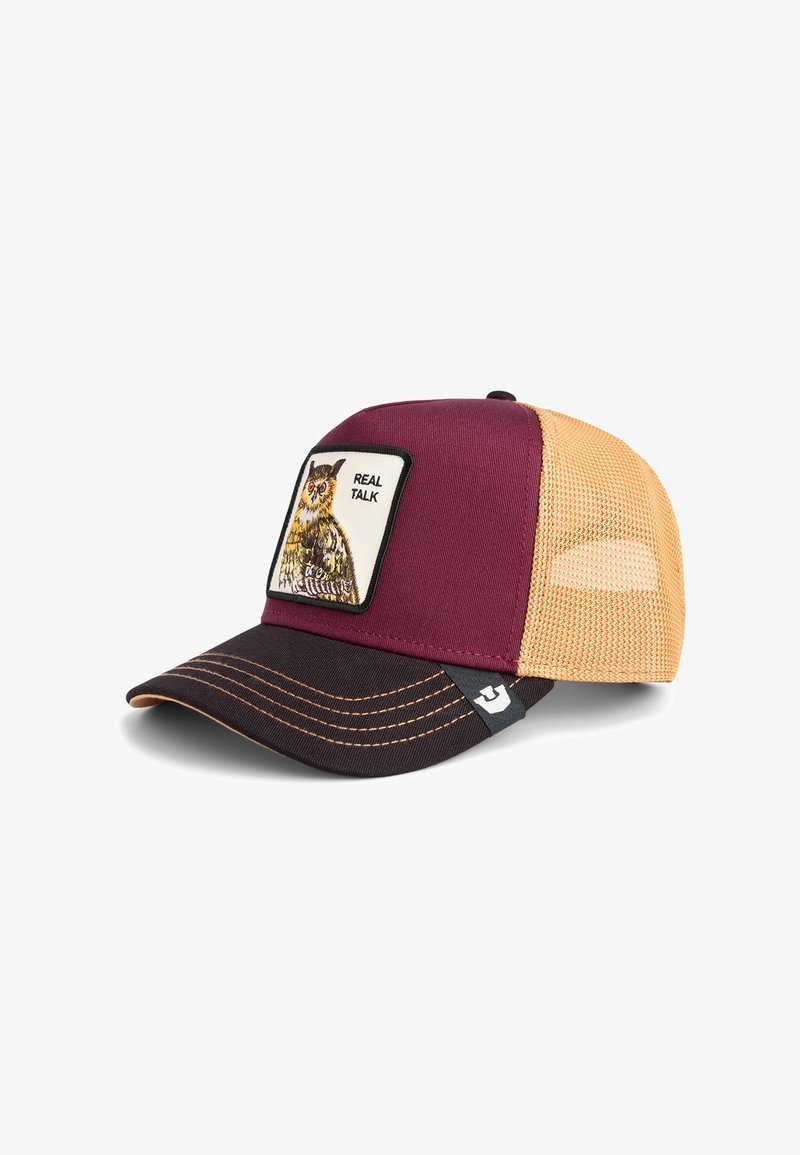 Casquette bordeaux et noire avec un verso en maille beige, ornée d'un patch brodé de hibou portant l'inscription "PAROLE VRAIE". Visière incurvée et détails de couture contrastés.