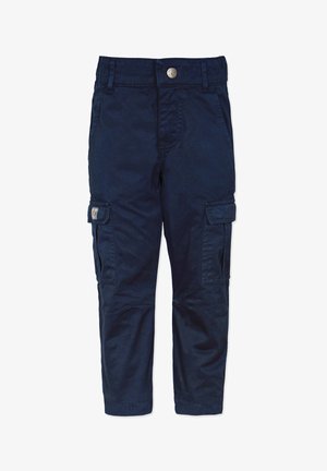 Marineblå bomulds cargo shorts med to sidelommer, knaplukning og tydelig syning på benene. Holdbart design med lige ben.