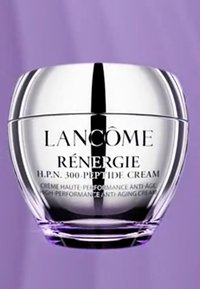 Krem Lancôme Rénergie H.P.N. 300-Peptide w przejrzystym szklanym słoju z srebrną pokrywką, z gładką powierzchnią i nadrukowanym czarnym tekstem.