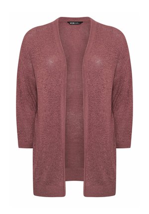 Rustfarvet cardigan med åbent front, trekvartærmer, letstrikket tekstur og en afslappet pasform. Ingen lukninger eller yderligere detaljer.