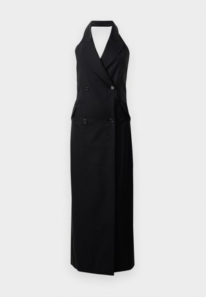Black halter-neck dress featuring a double-breasted front, side pockets, and a long, flowing silhouette crafted from smooth fabric.