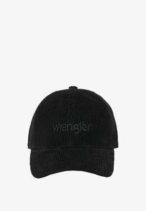 Zwarte corduroyen baseballcap met geborduurd "Wrangler" logo. Beschikt over een gestructureerde kroon en een gebogen klep. Gelaagd stoffen met verticale ribbels.