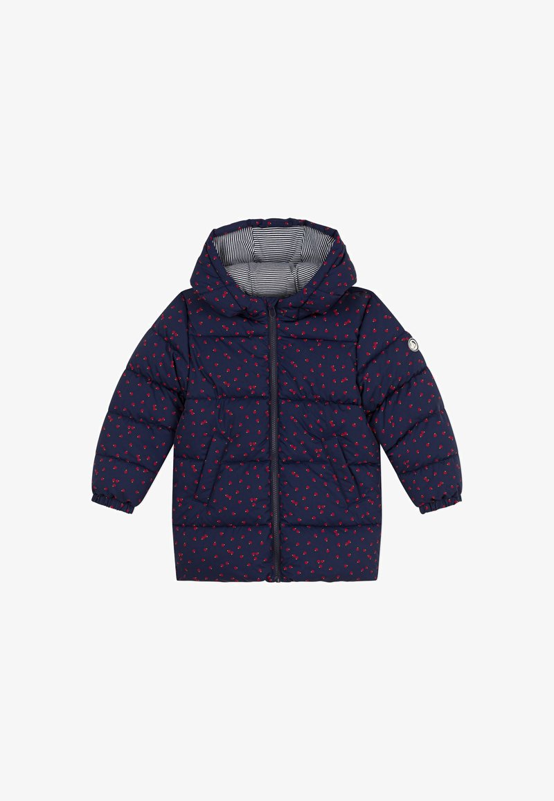 Marineblå puffjakke med et mønster av små røde blader, glidelås, to frontlommer og stripete hettefôr.