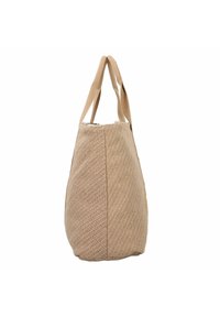Bolsa de tela beige con patrón de espiga, que cuenta con asas de hombro planas y resistentes y un cierre superior con cremallera. Superficie texturizada.