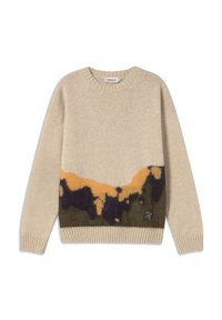 Maglione beige in lana con maniche lunghe, scollatura rotonda e un motivo astratto in nero, arancione e verde scuro lungo la parte anteriore inferiore.