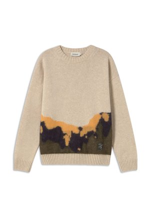 Beige wool sweater with long sleeves, round neckline, and an abstract pattern in black, orange, and dark green across the lower front.