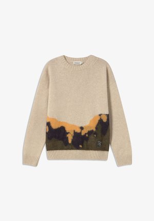 Beige wool sweater with long sleeves, round neckline, and an abstract pattern in black, orange, and dark green across the lower front.