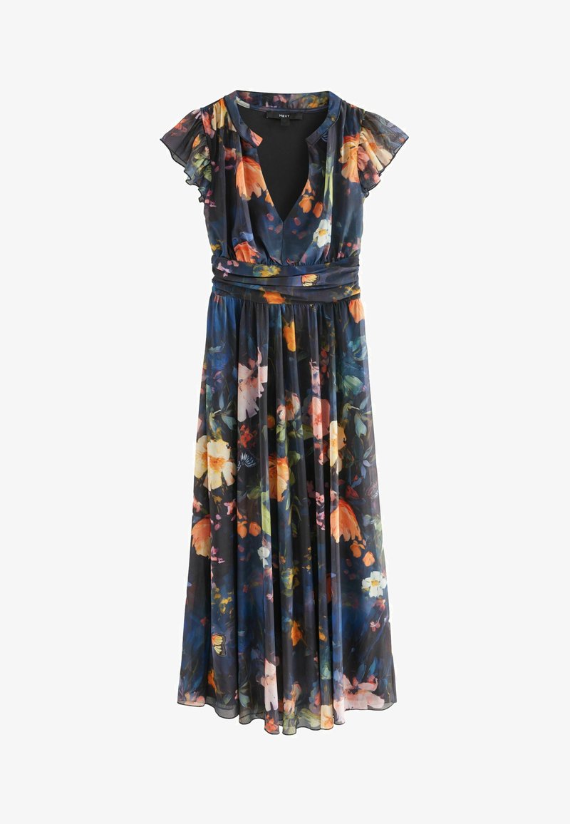 Abito lungo floreale blu scuro. Realizzato in tessuto leggero con maniche corte a volant, scollo a V profondo e vita aderente. Presenta una stampa floreale vivace.
