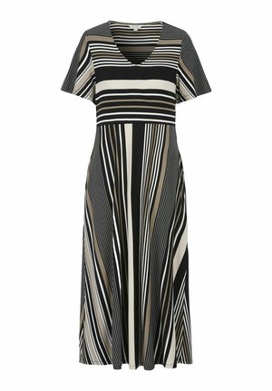Svart och beige randig klänning, korta ärmar, V-ringning, flödande design med vertikala och diagonala ränder, tillverkad av lättviktsmaterial.