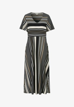 Schwarzes und beige gestreiftes Kleid, kurze Ärmel, V-Ausschnitt, fließendes Design, mit vertikalen und diagonalen Streifen, aus leichtem Stoff gefertigt.