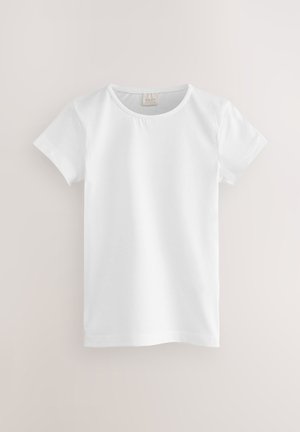 Weißes Baumwoll-T-Shirt mit runder Ausschnitt, kurzen Ärmeln und glatter Textur. Einfaches Design ohne Muster oder Verzierungen.