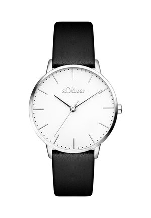 Silver watch with a round white dial, black leather strap, minimalist design, thin silver hour markers, and brand name s.Oliver displayed.