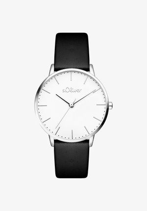 Orologio argentato con quadrante rotondo bianco, cinturino in pelle nera, design minimalista, sottili indici delle ore argentati e nome del marchio s.Oliver esposto.