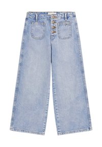 Ljusblå vida jeans med hög midja, fem fickor och en knappslå med fem knappar. Tillverkade av denim med en mjuk textur.