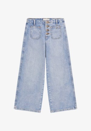 Light blue wide-leg jeans featuring a high waist, five pockets, and a button fly with five buttons. Made from denim with a soft texture.