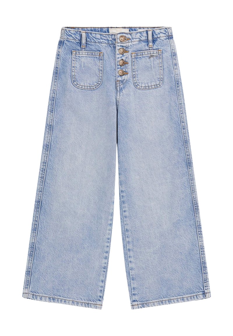 Ljusblå vida jeans med hög midja, fem fickor och en knappslå med fem knappar. Tillverkade av denim med en mjuk textur.