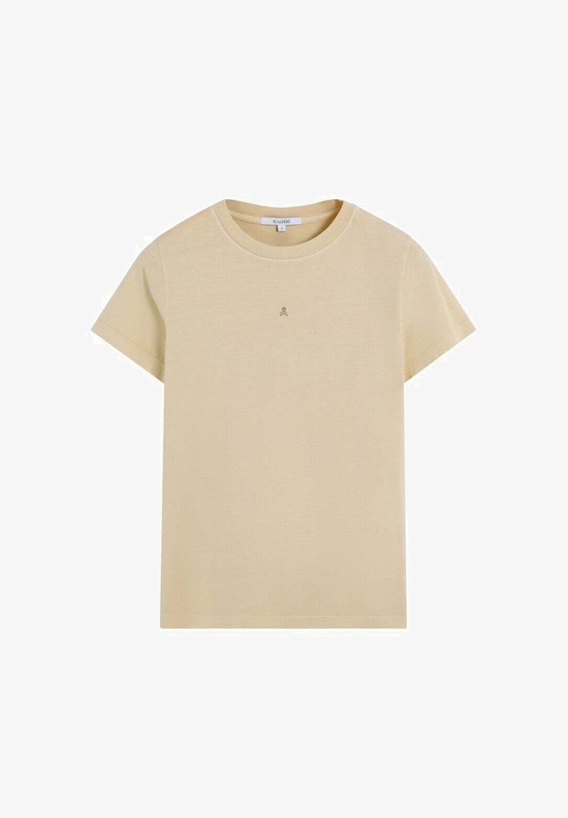 T-shirt in cotone di colore giallo chiaro, con scollatura rotonda, maniche corte e un piccolo logo ricamato sul petto. Tessuto liscio.