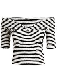 Blusa de rayas negra y blanca sin hombros. Presenta un diseño ajustado, mangas cortas y tejido texturizado con rayas horizontales.