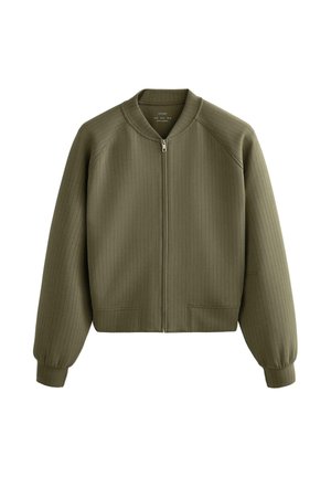 Olívazöld bomber dzseki elöl cipzárral, bordázott mandzsettákkal és finom, függőleges csíkos mintával.