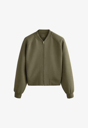 Olívazöld bomber dzseki elöl cipzárral, bordázott mandzsettákkal és finom, függőleges csíkos mintával.