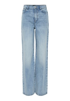 Jeans a gamba larga di color blu chiaro realizzati in denim. Presentano un alta vita, styling a cinque tasche e un leggero sbiadimento per texture. Chiusura classica con bottone e zip.
