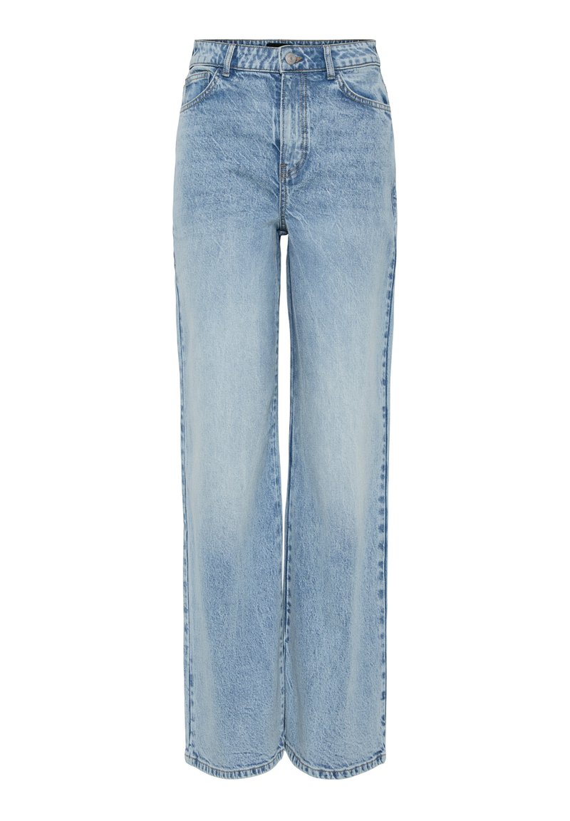 Lichtblauwe wijd-benige jeans van denim. Voorzien van een hoge taille, vijf-pocket styling en subtiele vervaging voor textuur. Klassieke knoop- en ritssluiting.