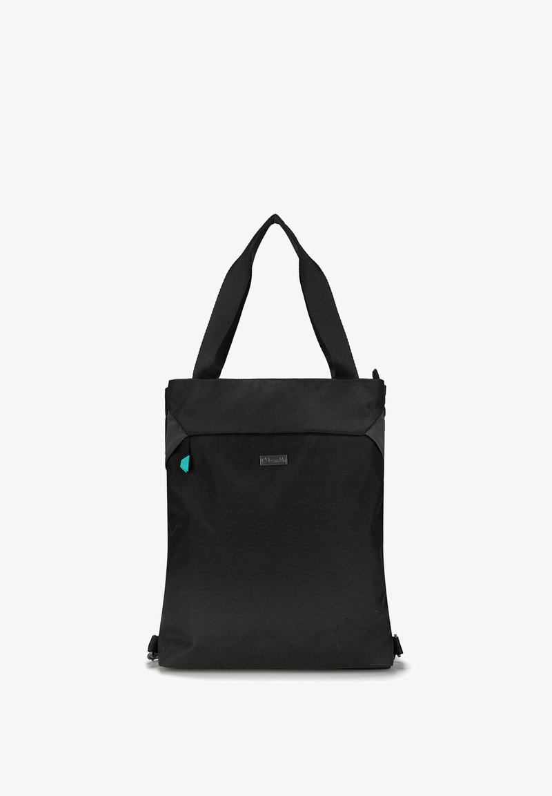 Czarna torba typu tote wykonana z trwałego materiału o gładkiej fakturze, z podwójnymi uchwytami i subtelnym akcentem w kolorze turkusowym. Prosty, nowoczesny design.